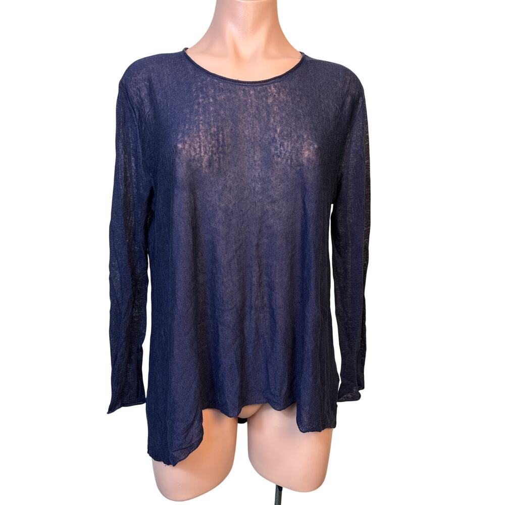 Eileen Fisher Organic Linen Sheer Italian Knit Sweater Small Navy Minimalist